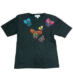 VTG Victoria Harbour Woman M Black Knit Top Butterflies Sequins Beads Embellish
